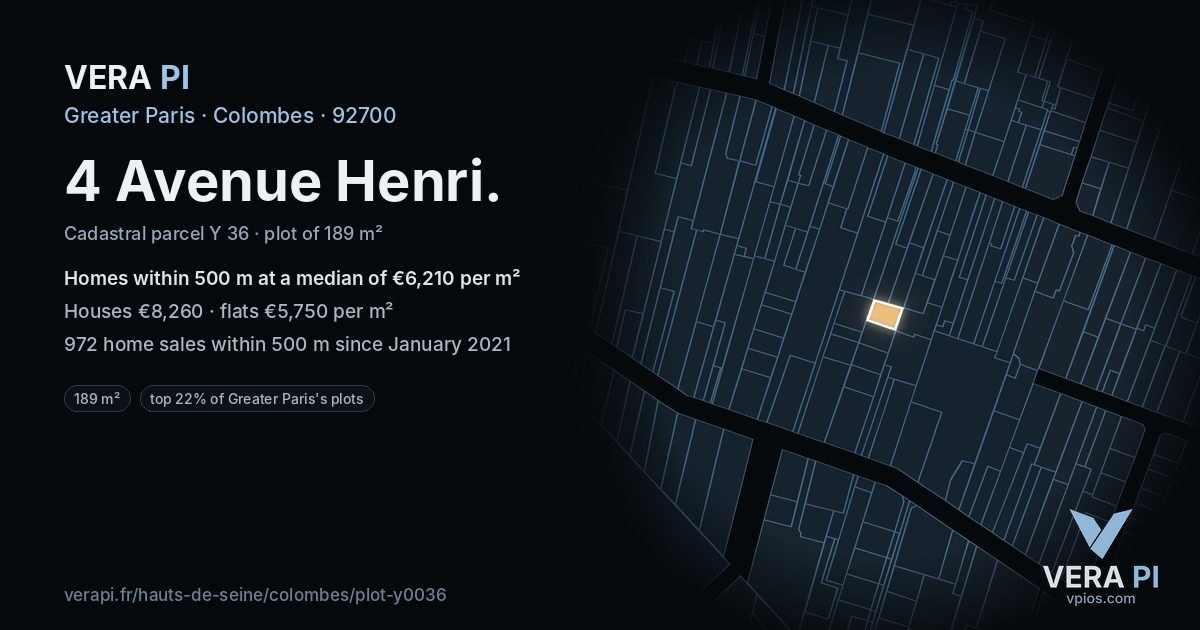 4 Avenue Henri, Colombes at night – the plot lit, the parcels around coloured by the prices near them