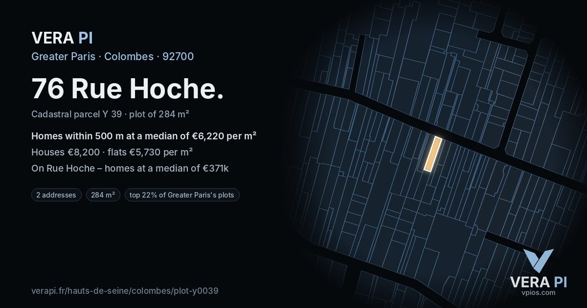76 Rue Hoche, Colombes at night – the plot lit, the parcels around coloured by the prices near them