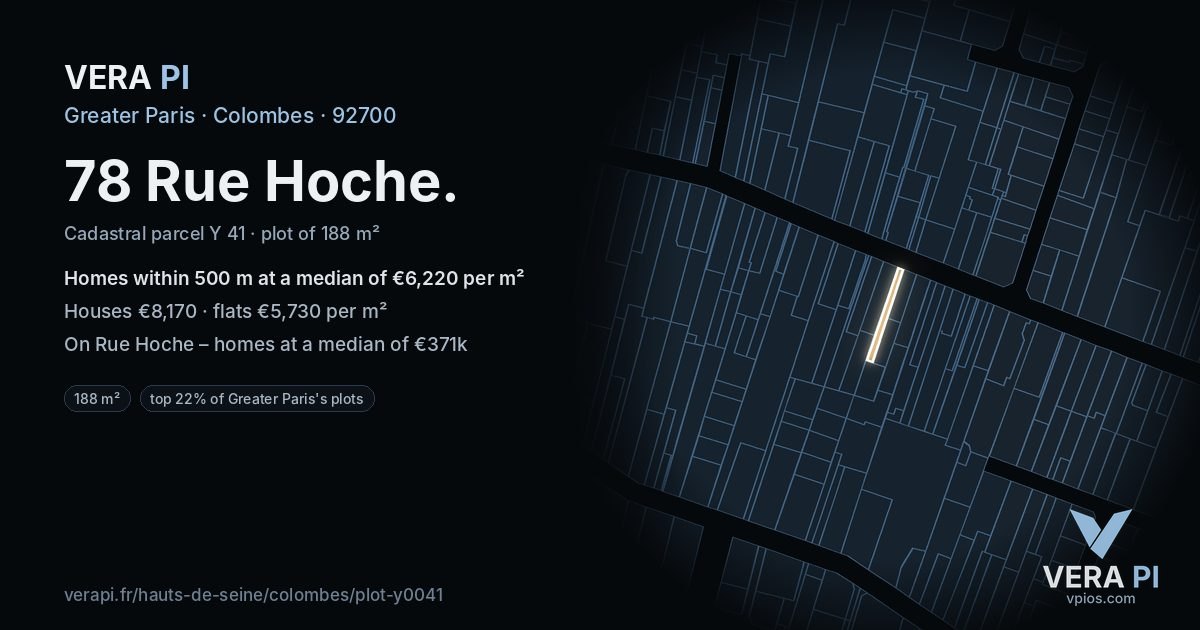 78 Rue Hoche, Colombes at night – the plot lit, the parcels around coloured by the prices near them