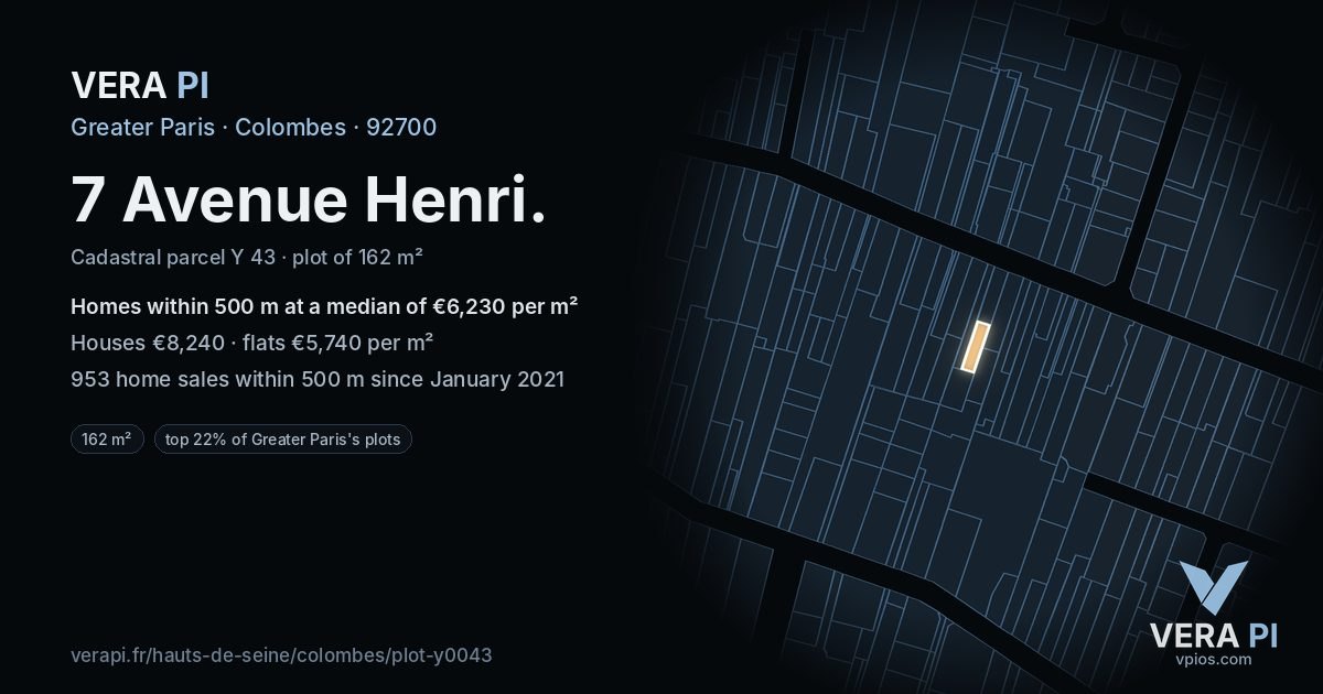 7 Avenue Henri, Colombes at night – the plot lit, the parcels around coloured by the prices near them