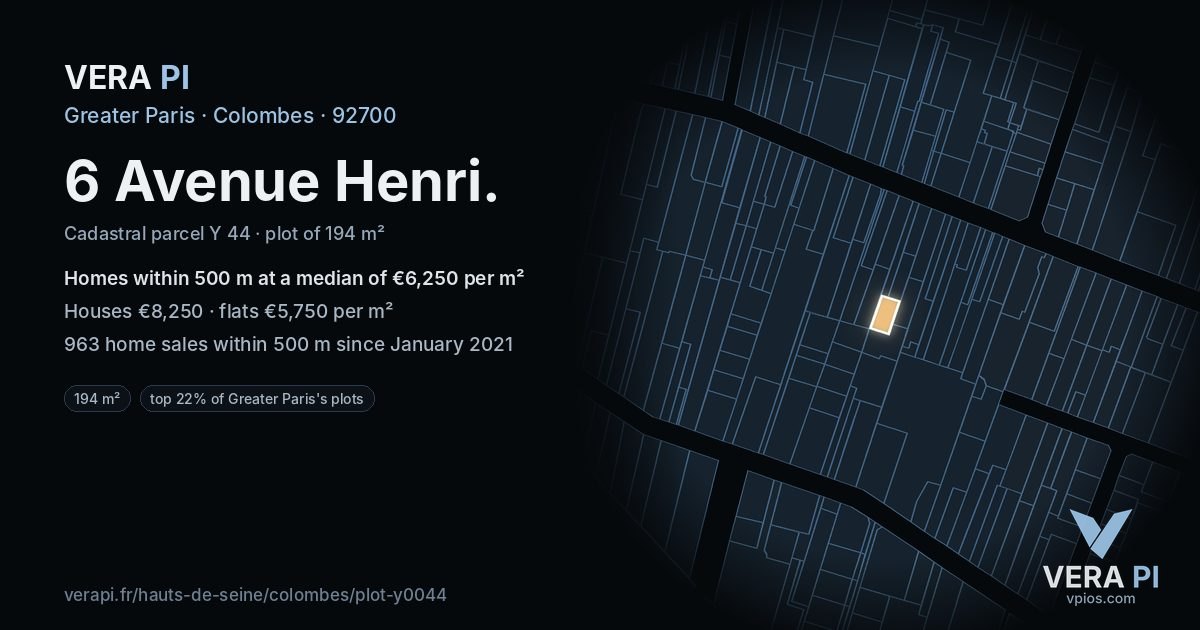 6 Avenue Henri, Colombes at night – the plot lit, the parcels around coloured by the prices near them