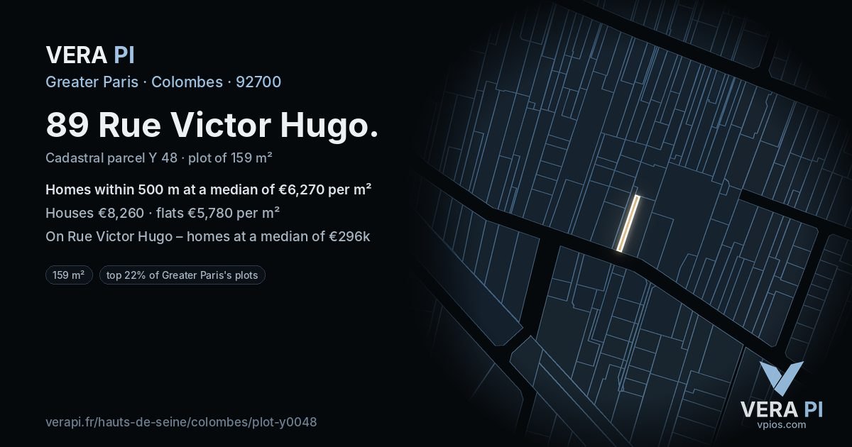 89 Rue Victor Hugo, Colombes at night – the plot lit, the parcels around coloured by the prices near them