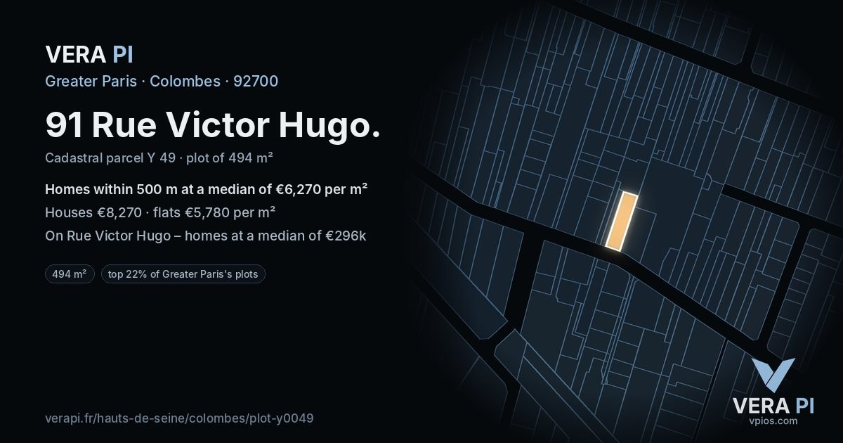 91 Rue Victor Hugo, Colombes at night – the plot lit, the parcels around coloured by the prices near them