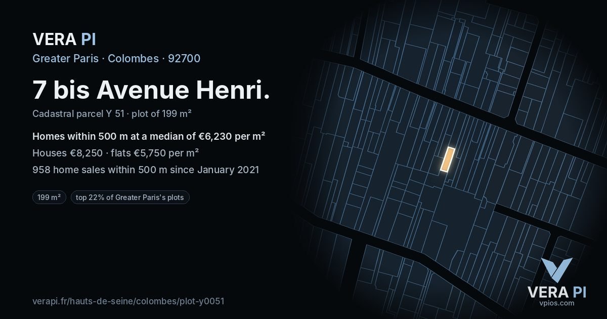 7 bis Avenue Henri, Colombes at night – the plot lit, the parcels around coloured by the prices near them
