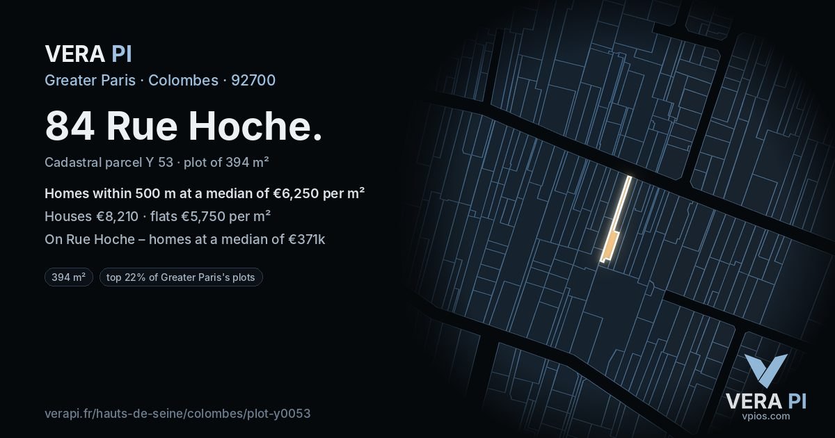84 Rue Hoche, Colombes at night – the plot lit, the parcels around coloured by the prices near them