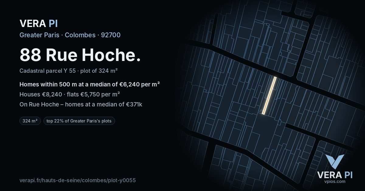88 Rue Hoche, Colombes at night – the plot lit, the parcels around coloured by the prices near them