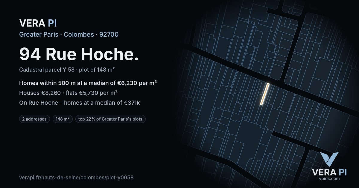 94 Rue Hoche, Colombes at night – the plot lit, the parcels around coloured by the prices near them