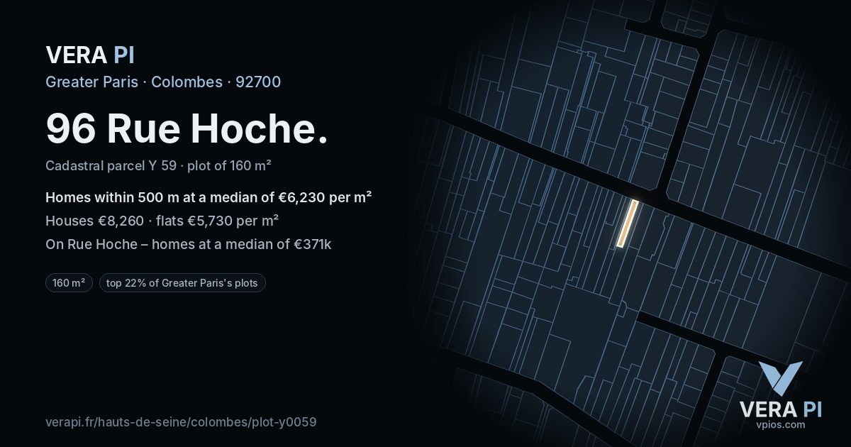 96 Rue Hoche, Colombes at night – the plot lit, the parcels around coloured by the prices near them