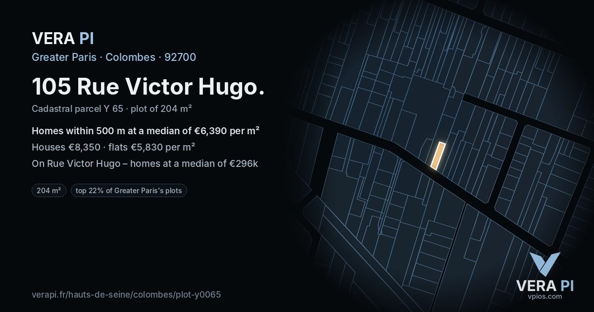 105 Rue Victor Hugo, Colombes at night – the plot lit, the parcels around coloured by the prices near them