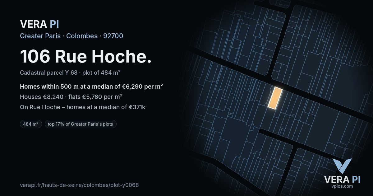 106 Rue Hoche, Colombes at night – the plot lit, the parcels around coloured by the prices near them
