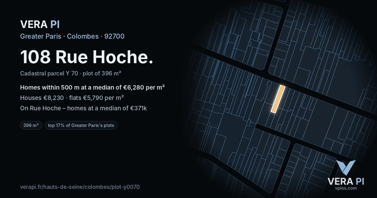 108 Rue Hoche, Colombes at night – the plot lit, the parcels around coloured by the prices near them