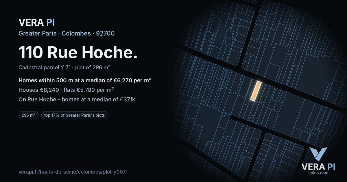 110 Rue Hoche, Colombes at night – the plot lit, the parcels around coloured by the prices near them