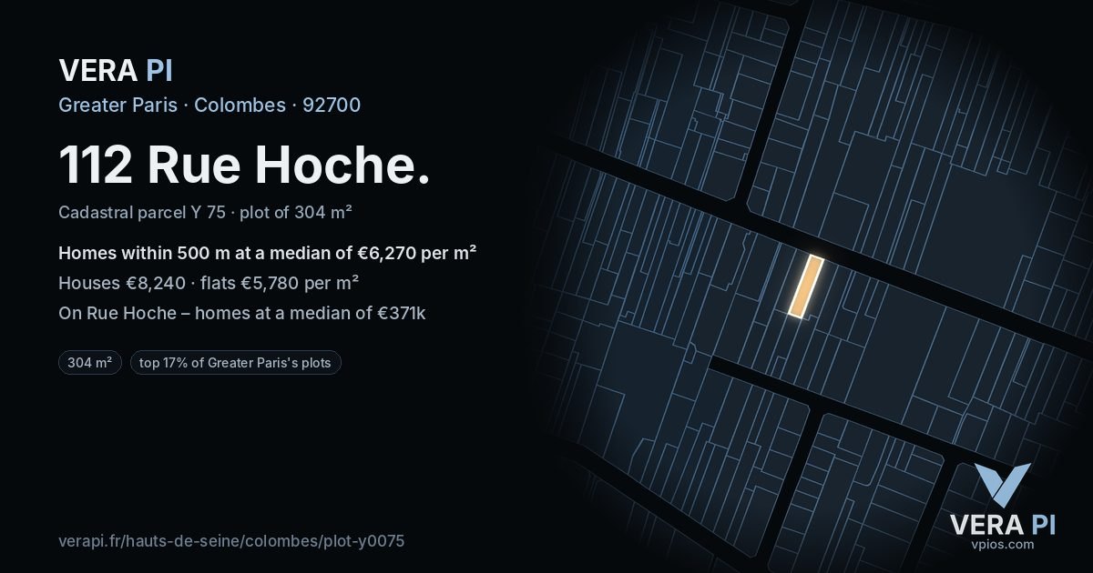 112 Rue Hoche, Colombes at night – the plot lit, the parcels around coloured by the prices near them