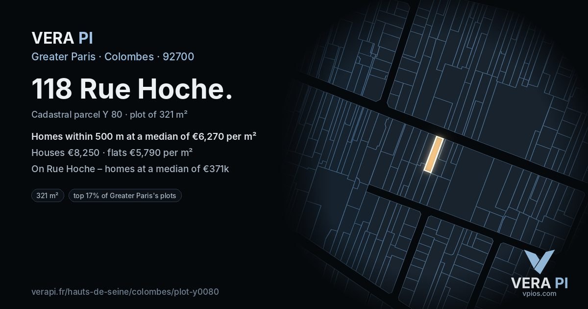 118 Rue Hoche, Colombes at night – the plot lit, the parcels around coloured by the prices near them