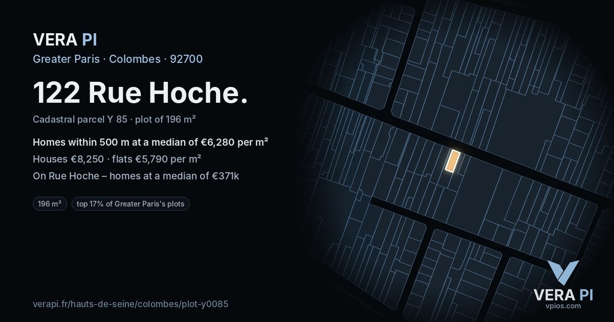 122 Rue Hoche, Colombes at night – the plot lit, the parcels around coloured by the prices near them