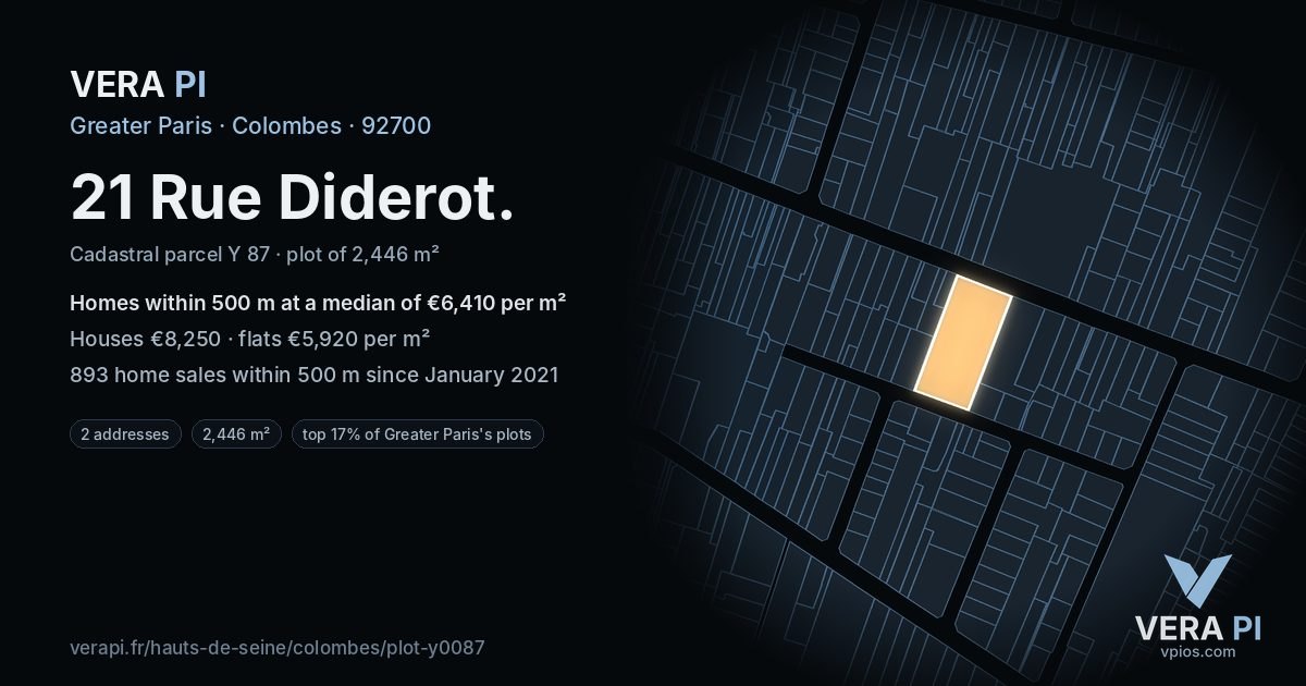 21 Rue Diderot, Colombes at night – the plot lit, the parcels around coloured by the prices near them
