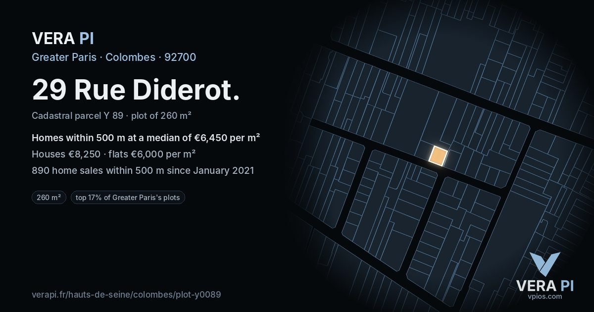 29 Rue Diderot, Colombes at night – the plot lit, the parcels around coloured by the prices near them