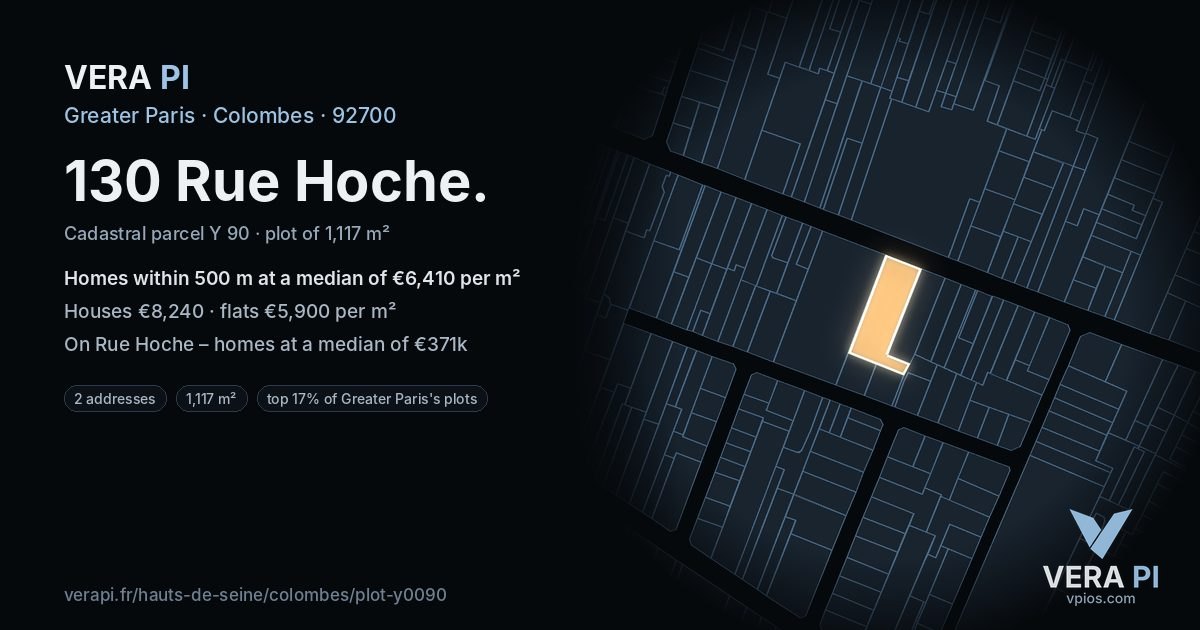 130 Rue Hoche, Colombes at night – the plot lit, the parcels around coloured by the prices near them