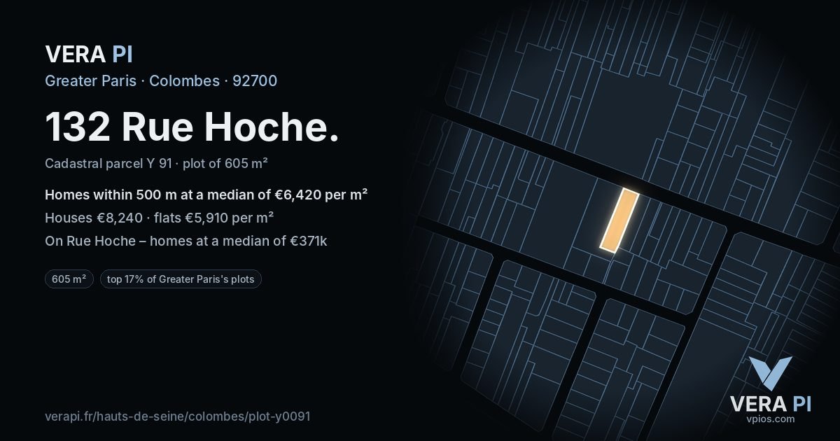 132 Rue Hoche, Colombes at night – the plot lit, the parcels around coloured by the prices near them
