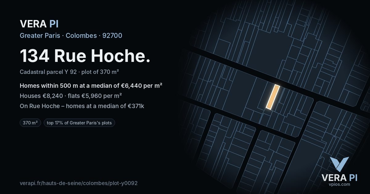 134 Rue Hoche, Colombes at night – the plot lit, the parcels around coloured by the prices near them