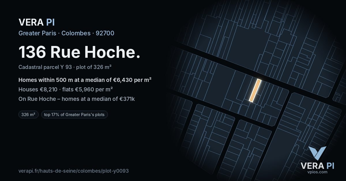 136 Rue Hoche, Colombes at night – the plot lit, the parcels around coloured by the prices near them
