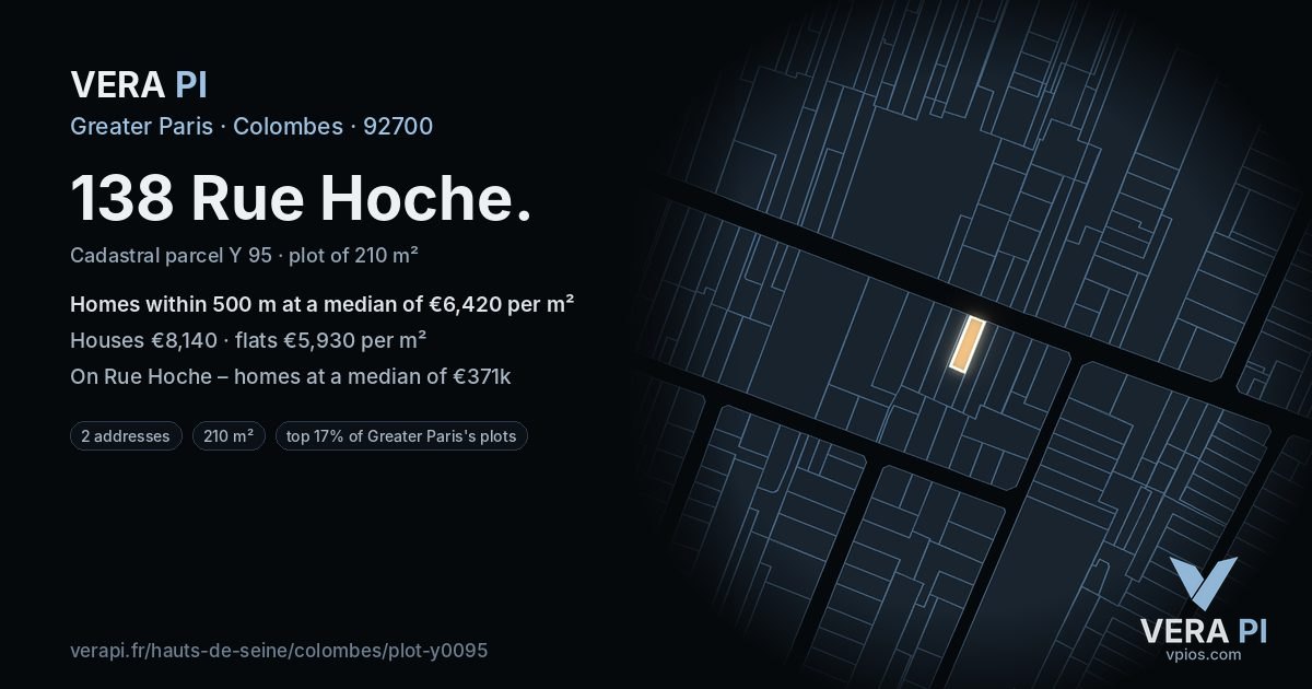 138 Rue Hoche, Colombes at night – the plot lit, the parcels around coloured by the prices near them