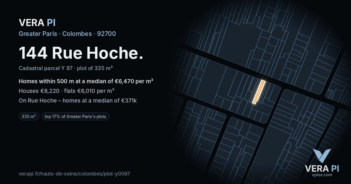 144 Rue Hoche, Colombes at night – the plot lit, the parcels around coloured by the prices near them