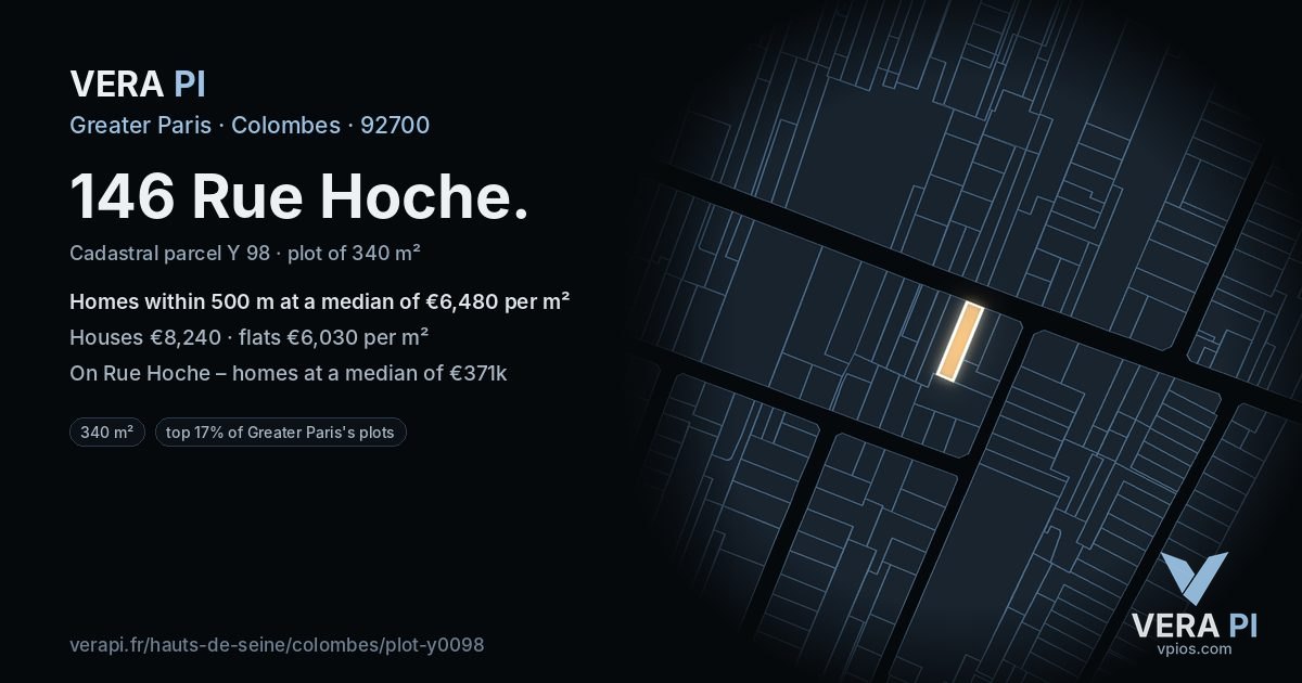 146 Rue Hoche, Colombes at night – the plot lit, the parcels around coloured by the prices near them