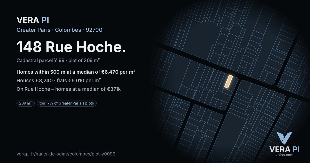 148 Rue Hoche, Colombes at night – the plot lit, the parcels around coloured by the prices near them