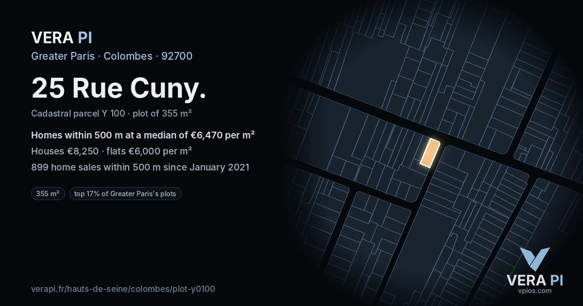 25 Rue Cuny, Colombes at night – the plot lit, the parcels around coloured by the prices near them