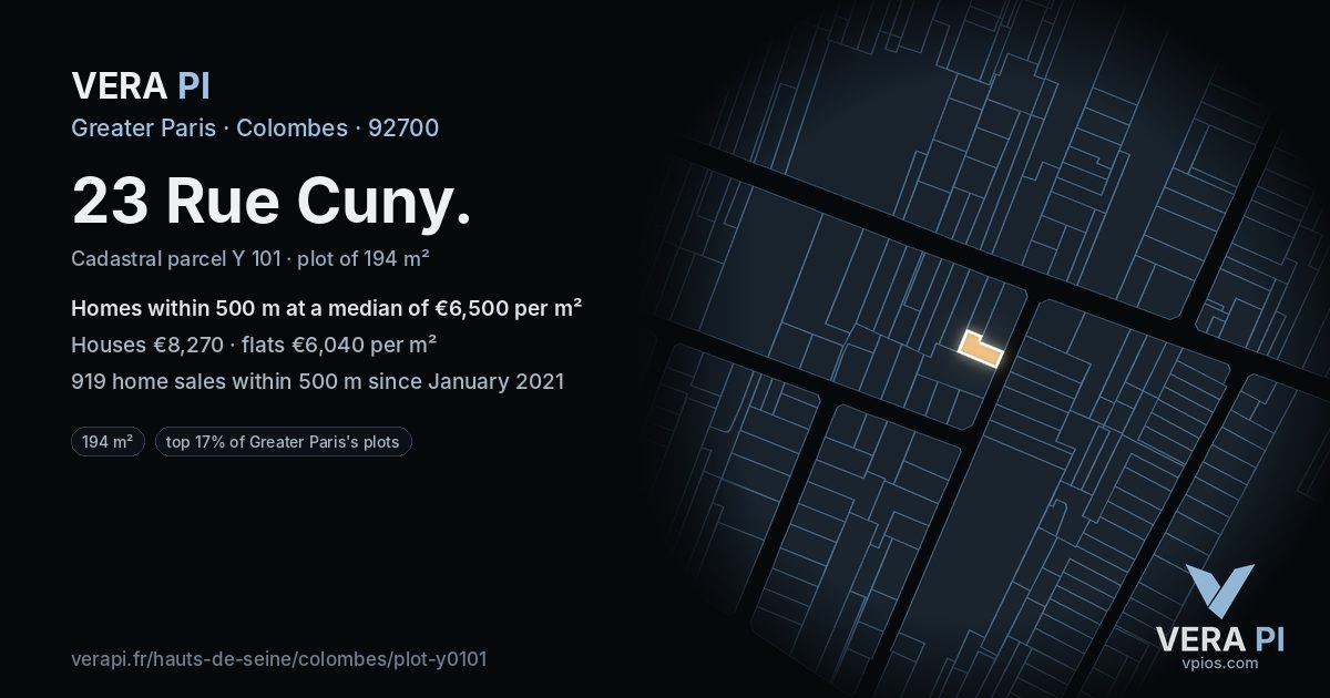 23 Rue Cuny, Colombes at night – the plot lit, the parcels around coloured by the prices near them