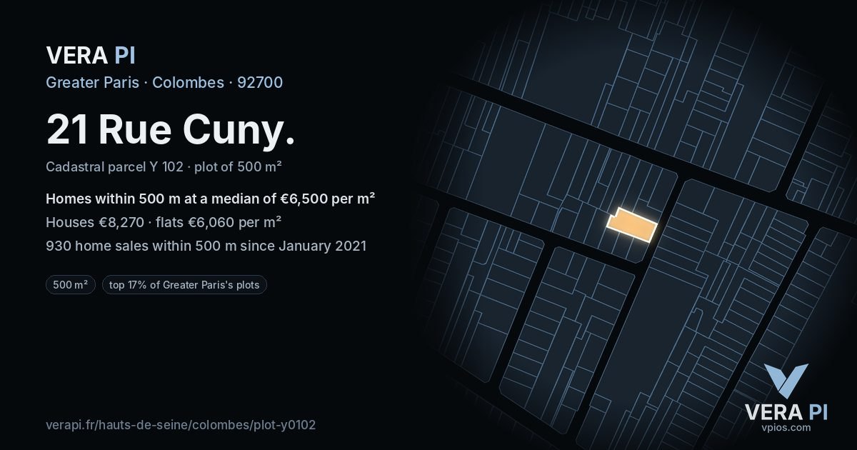 21 Rue Cuny, Colombes at night – the plot lit, the parcels around coloured by the prices near them