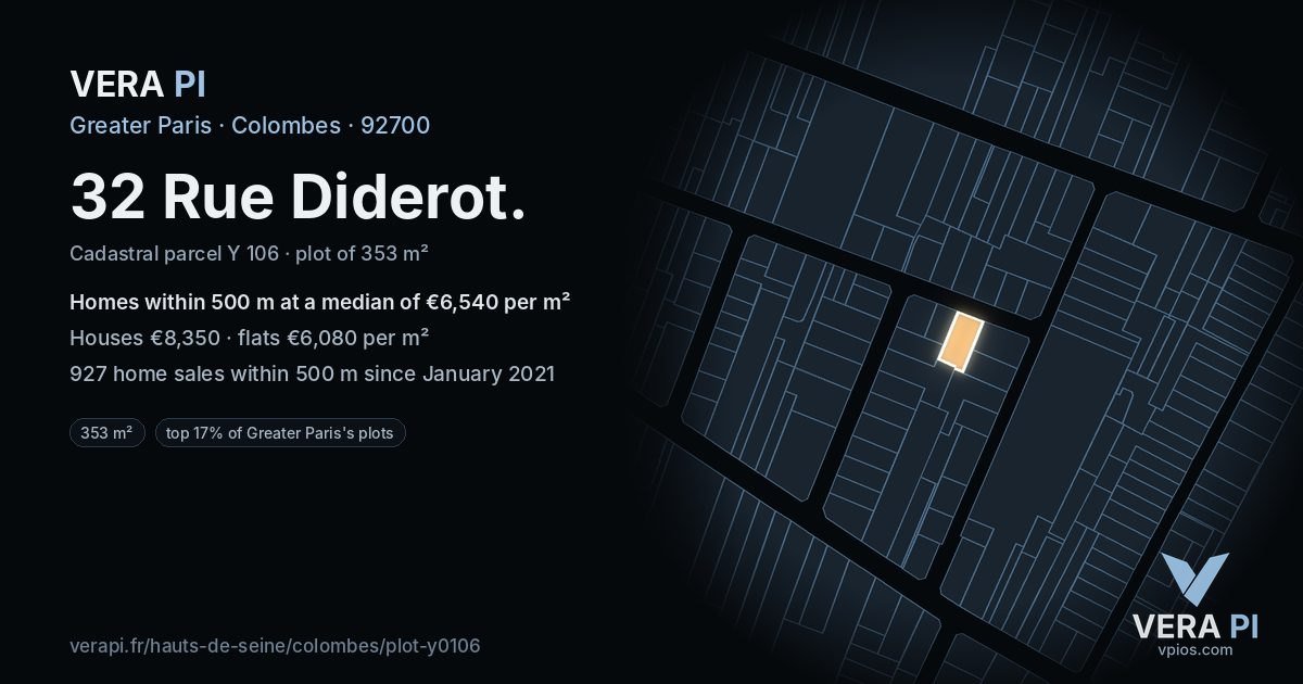 32 Rue Diderot, Colombes at night – the plot lit, the parcels around coloured by the prices near them
