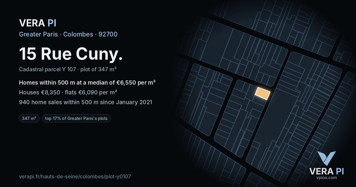 15 Rue Cuny, Colombes at night – the plot lit, the parcels around coloured by the prices near them