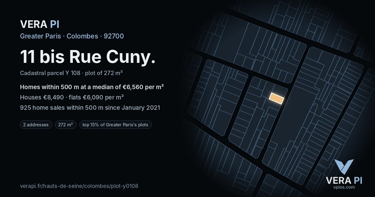 11 bis Rue Cuny, Colombes at night – the plot lit, the parcels around coloured by the prices near them