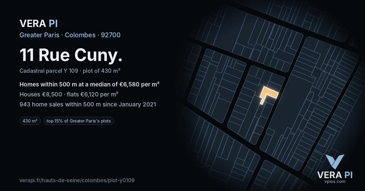 11 Rue Cuny, Colombes at night – the plot lit, the parcels around coloured by the prices near them