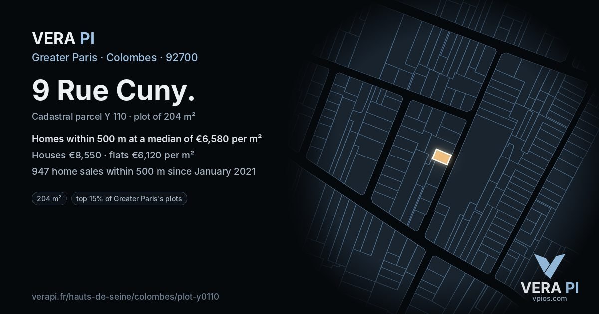 9 Rue Cuny, Colombes at night – the plot lit, the parcels around coloured by the prices near them