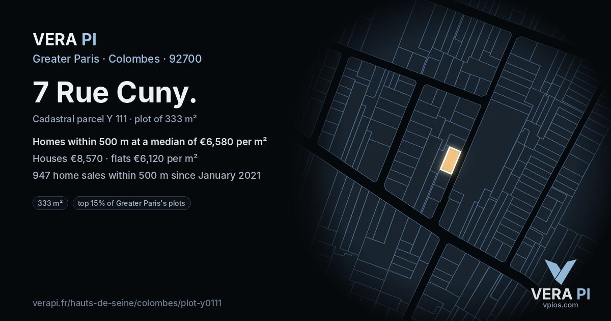 7 Rue Cuny, Colombes at night – the plot lit, the parcels around coloured by the prices near them