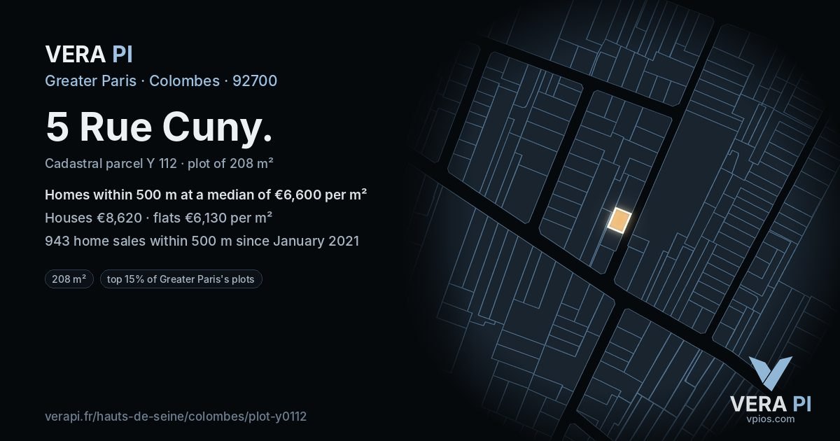 5 Rue Cuny, Colombes at night – the plot lit, the parcels around coloured by the prices near them