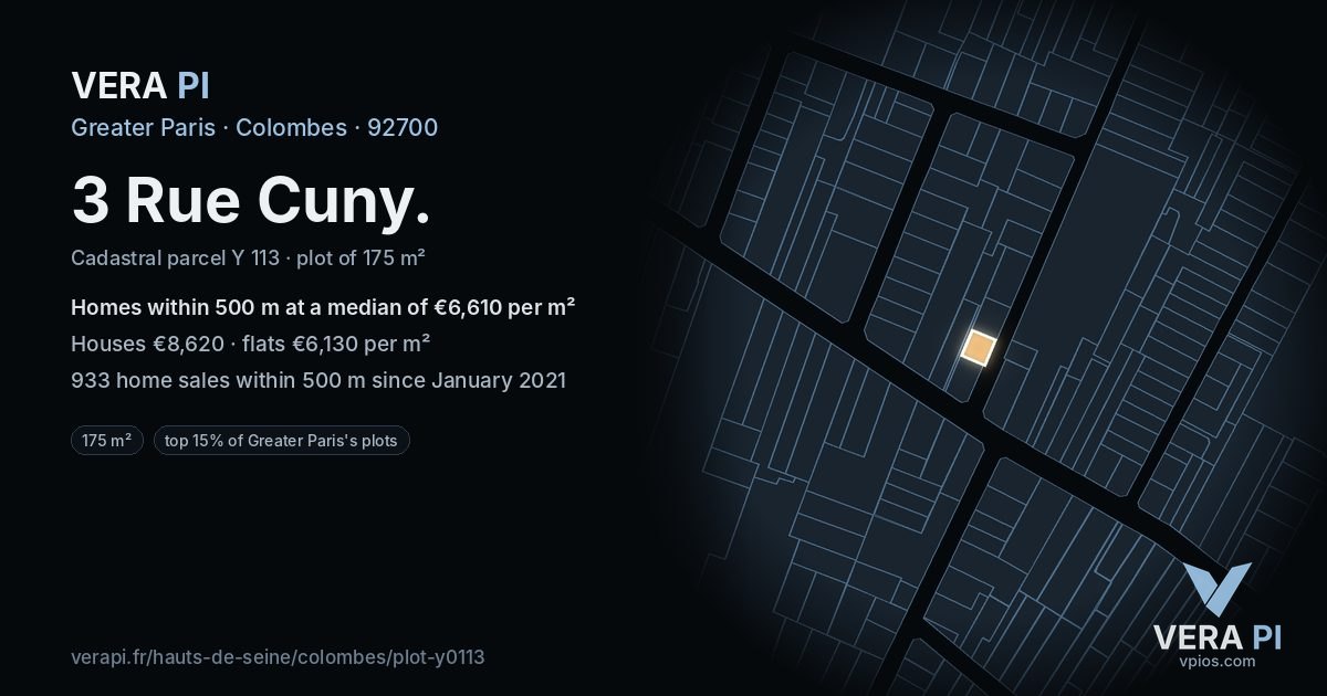 3 Rue Cuny, Colombes at night – the plot lit, the parcels around coloured by the prices near them
