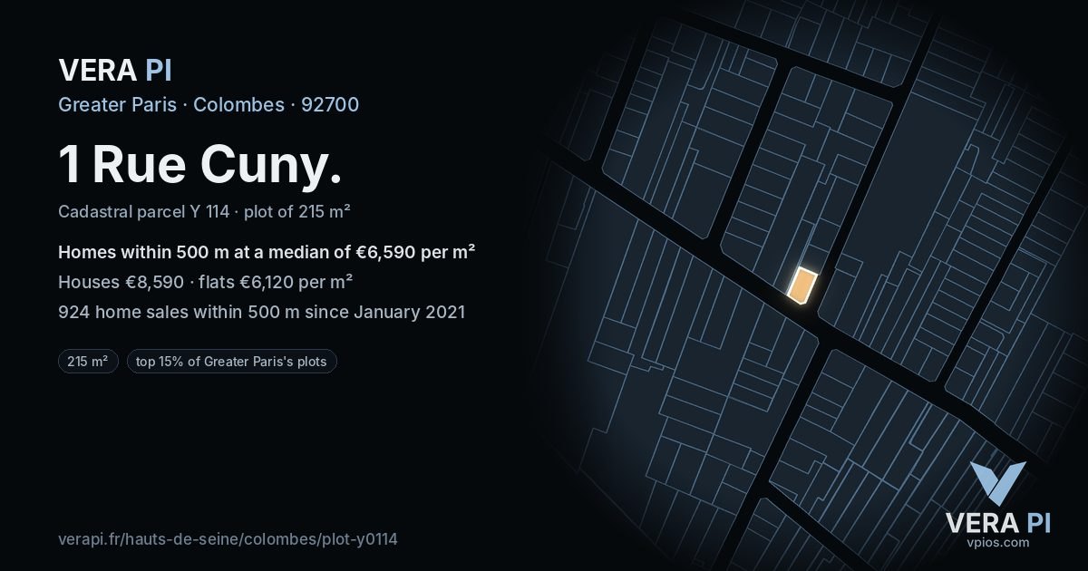 1 Rue Cuny, Colombes at night – the plot lit, the parcels around coloured by the prices near them