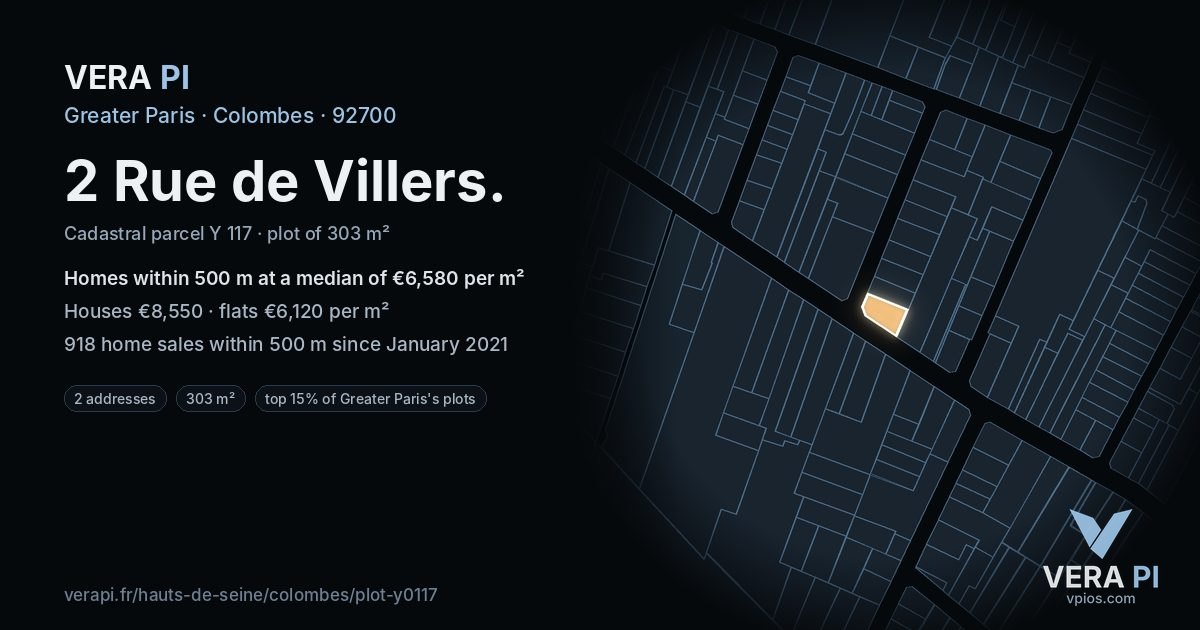 2 Rue de Villers, Colombes at night – the plot lit, the parcels around coloured by the prices near them