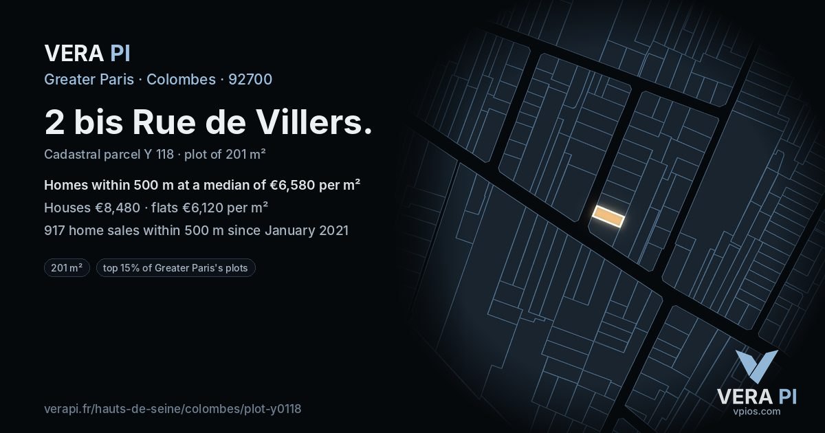 2 bis Rue de Villers, Colombes at night – the plot lit, the parcels around coloured by the prices near them