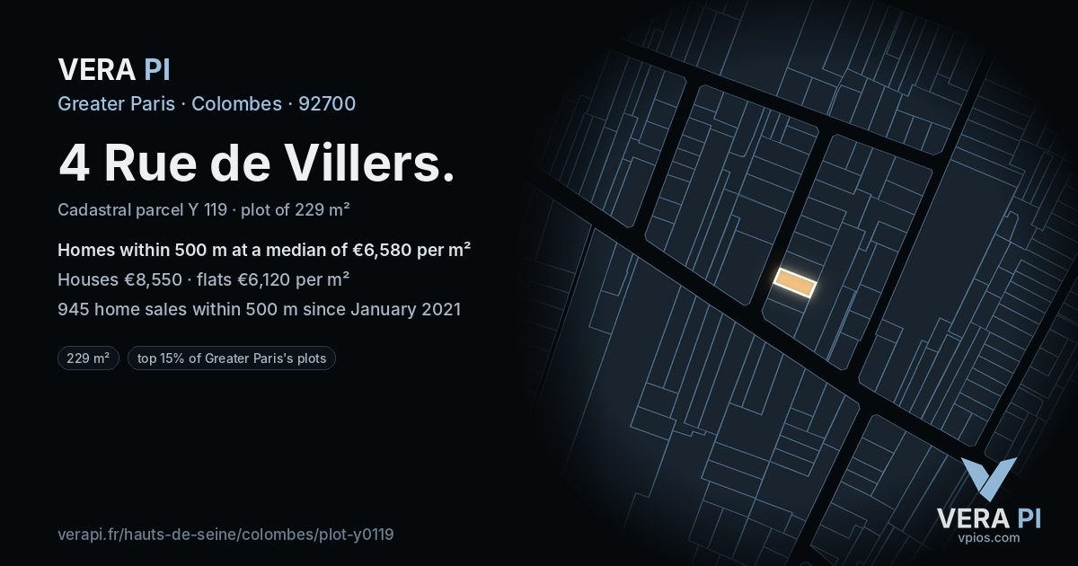 4 Rue de Villers, Colombes at night – the plot lit, the parcels around coloured by the prices near them