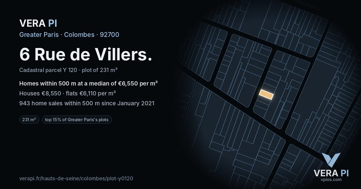 6 Rue de Villers, Colombes at night – the plot lit, the parcels around coloured by the prices near them