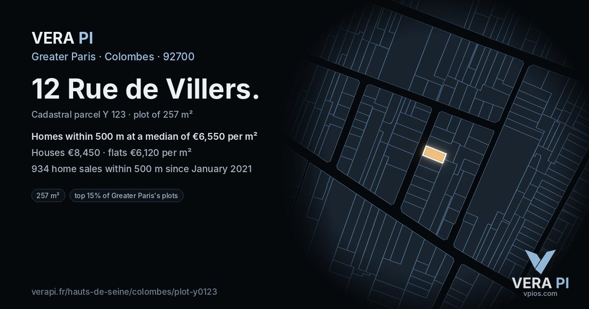 12 Rue de Villers, Colombes at night – the plot lit, the parcels around coloured by the prices near them