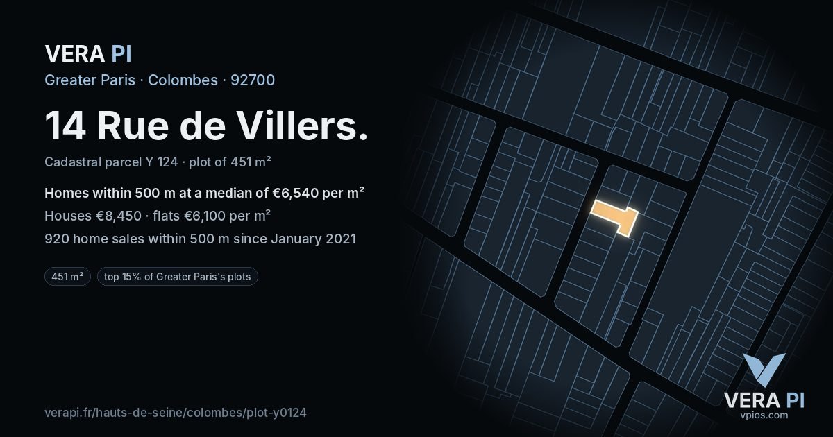 14 Rue de Villers, Colombes at night – the plot lit, the parcels around coloured by the prices near them