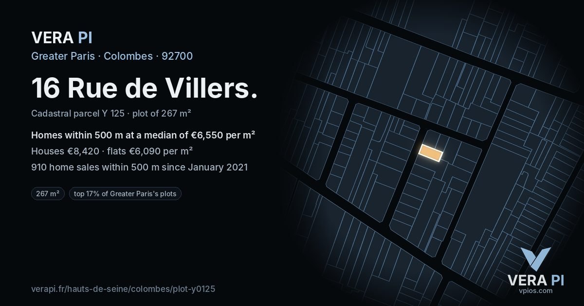 16 Rue de Villers, Colombes at night – the plot lit, the parcels around coloured by the prices near them