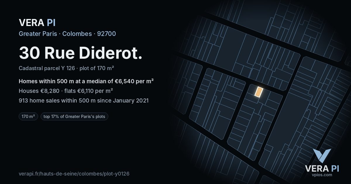 30 Rue Diderot, Colombes at night – the plot lit, the parcels around coloured by the prices near them