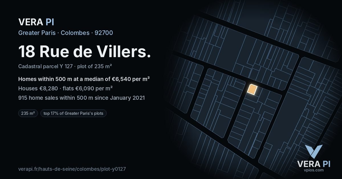 18 Rue de Villers, Colombes at night – the plot lit, the parcels around coloured by the prices near them